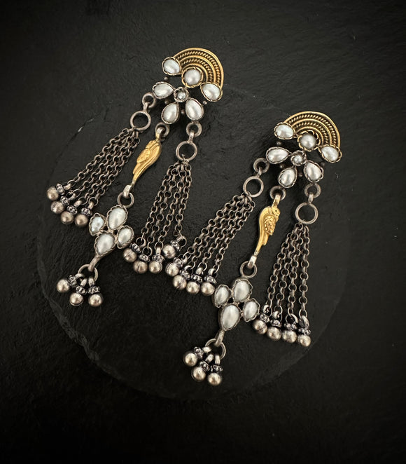 Two Tone Long  Floral Pearl Drops