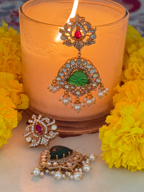 Opulent Gold Moissanite Emerald Carved Earrings