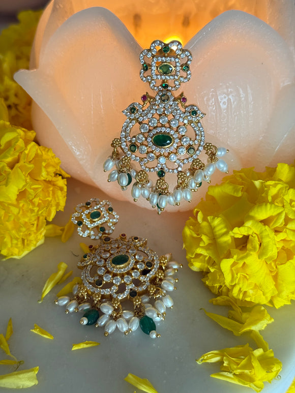 Opulent Gold Moissanite Emerald Pearl Earrings
