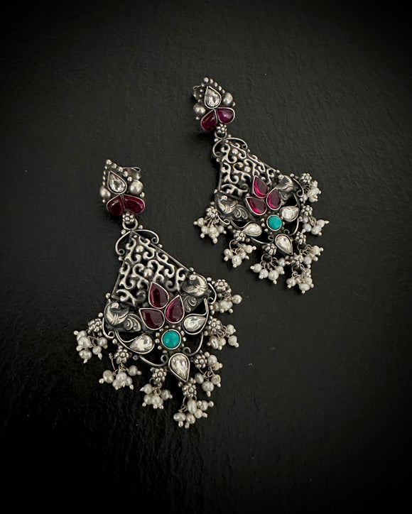 Stoned Peacock Color Kundan Carved Earrings