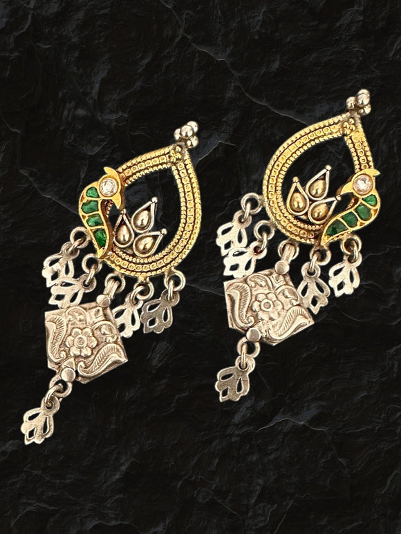 Two Tone Carved Green Peacock Earring