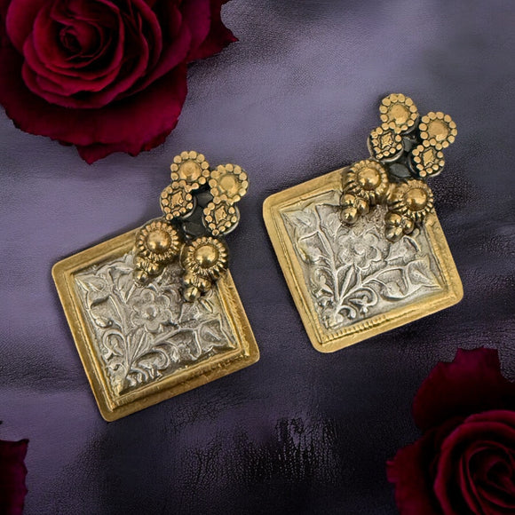 Two Tone Floral Square Earring