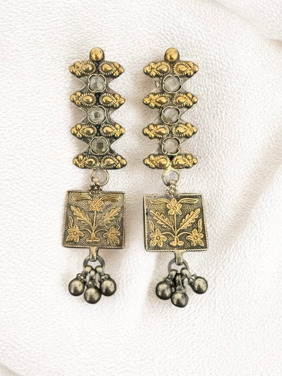 Two Tone Floral Long Earring