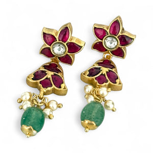 Opulent Gold Floral Emerald Drop Studs