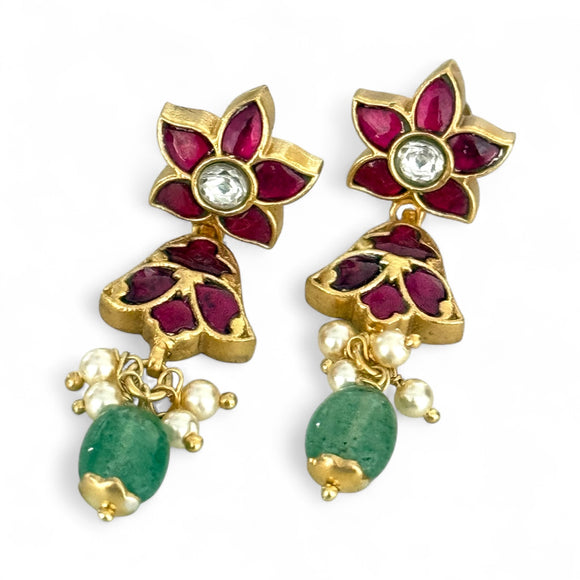 Opulent Gold Floral Emerald Drop Studs