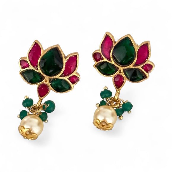 Opulent Gold Lotus Pearl Drop Studs