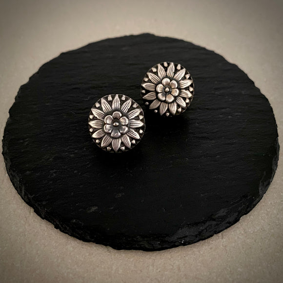 Silver Carved Floral Round Studs