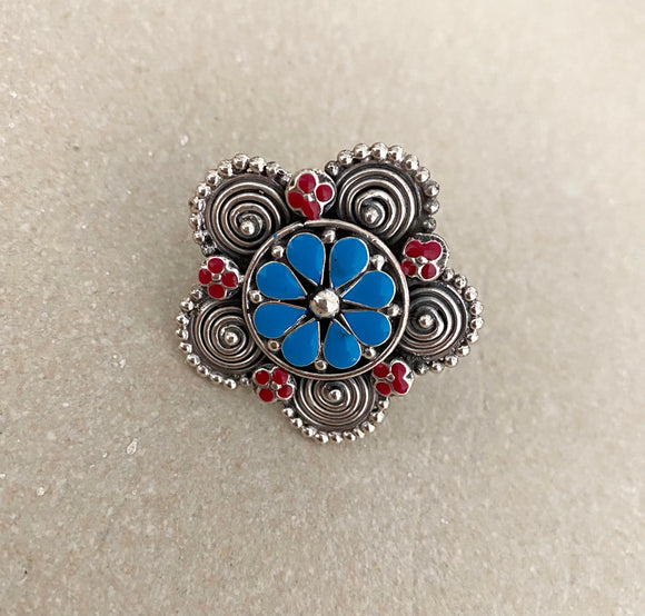 Round Enamel Flower Blue Ring