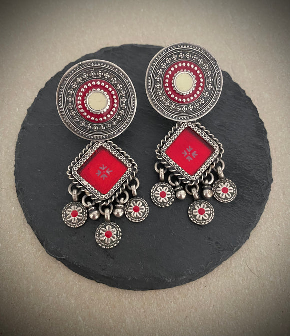 Enamel Red Round Floral Drops