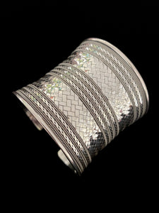 Carved Lined Mesh Broad Silver  Cuff