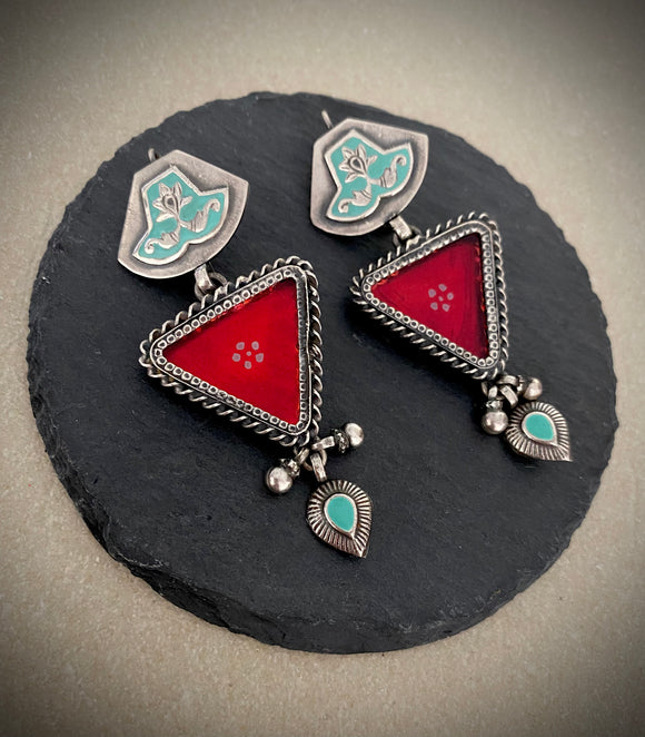 Enamel  Turquoise Red Floral Drops